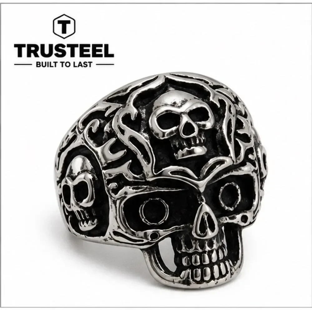 316L Stainless Steel silver gothic biker skull ring men’s size 9